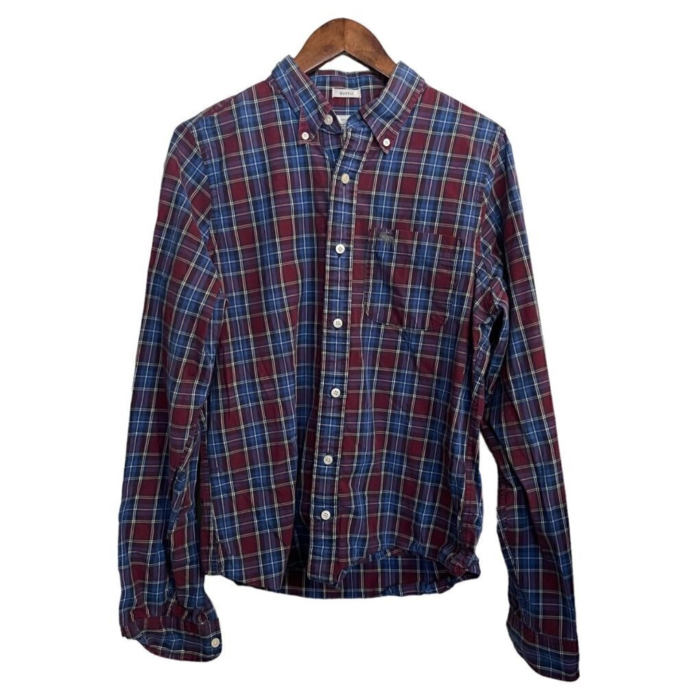 Abercrombie & Fitch Mens Blue Red Plaid Muscle Button Up Pocket Shirt Large